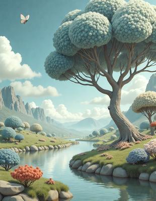 The primary subject of the image is a large tree with a blue and pink color scheme, situated in a lush green field. The tree is surrounded by a variety of colorful flowers, creating a vibrant and lively atmosphere. The setting is a beautiful landscape with a river flowing nearby, adding to the serene and picturesque environment. The visual style of the image is a combination of digital art and illustration, resulting in a stunning and imaginative scene.